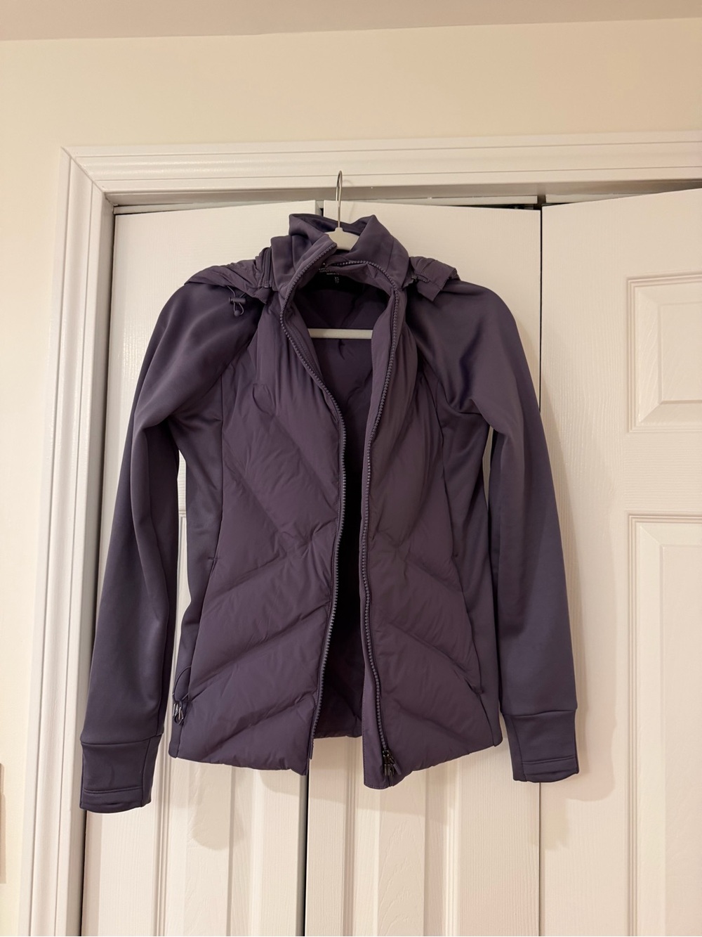 Athleta Quilted Hooded Puffer Jacket in Plum
